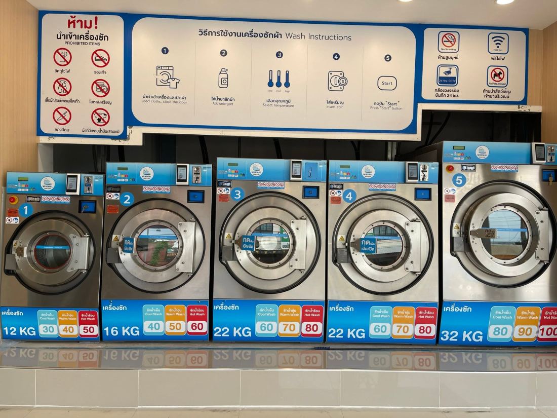 แถวเครื่องซักอุตสาหกรรม 12 ถึง 32 กิโล ติดตั้ง EMBIZ QR Box ทุกเครื่อง